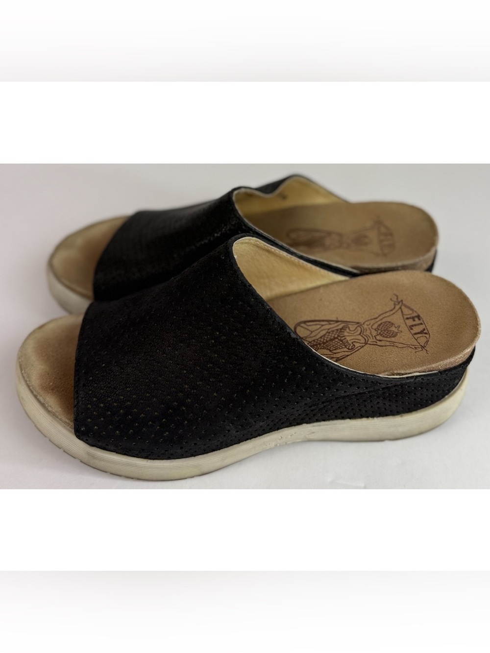 Fly London Women's Women's Black WHIN Perforated Slide Wedge, size 38